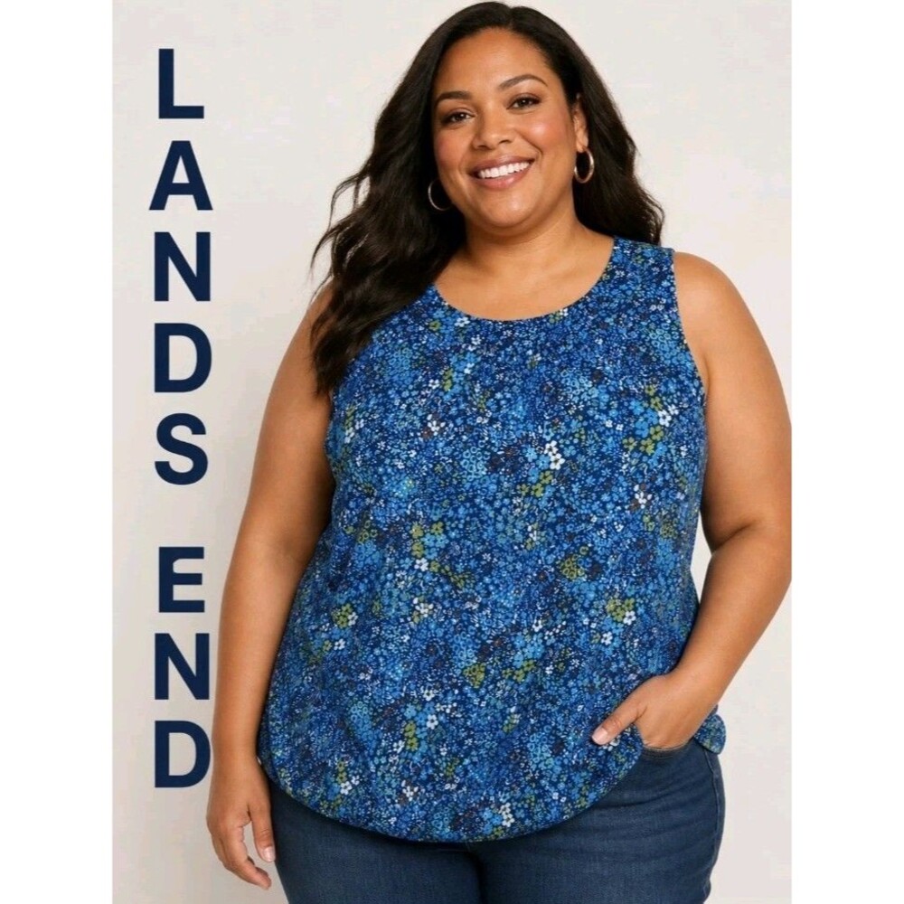 lands end Women 1X 16W/18W Floral Sleeveless Puffy Elastic Hemline Blue Tank Top